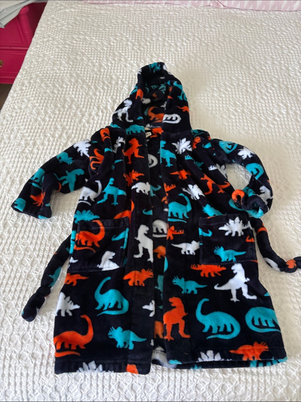 Kids Hooded Plush Dino Robe - Navy with Orange, Teal & White Dinosaurs